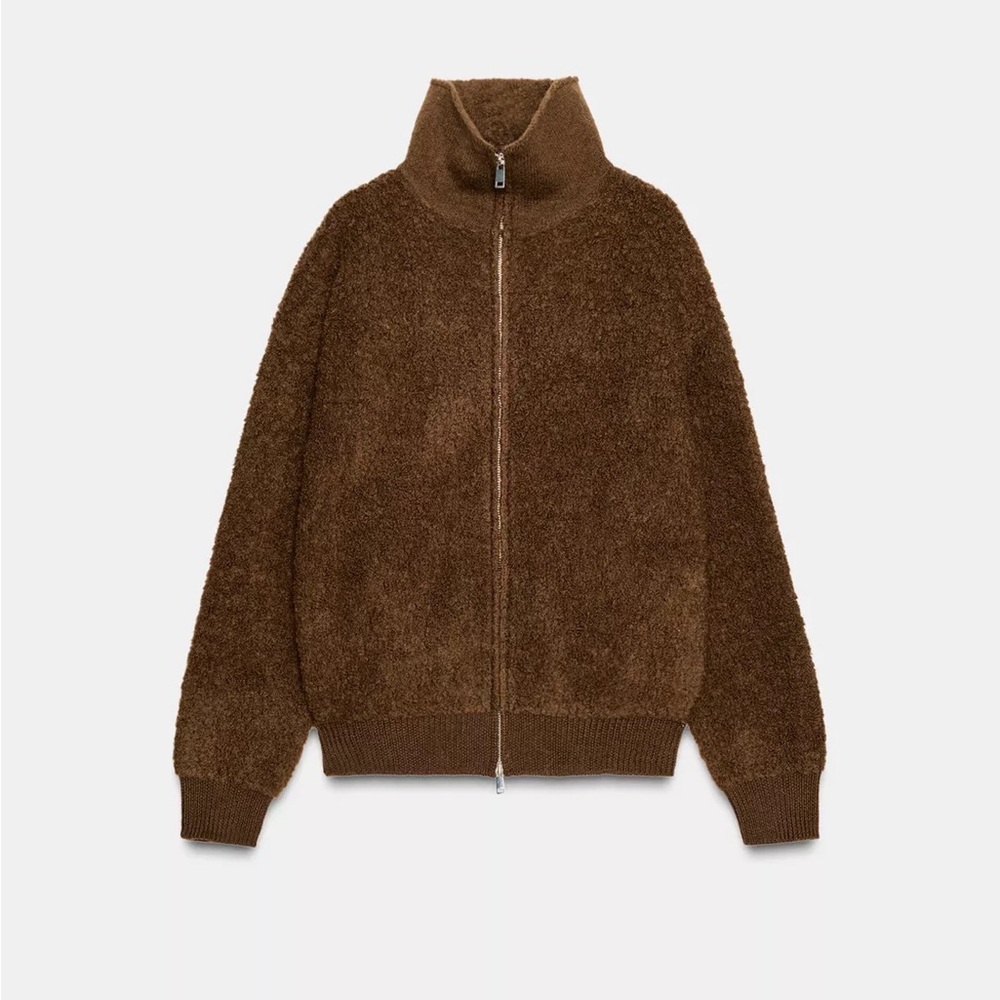 Zara 100% Boucle’ wool bomber jacket in chocolate-large